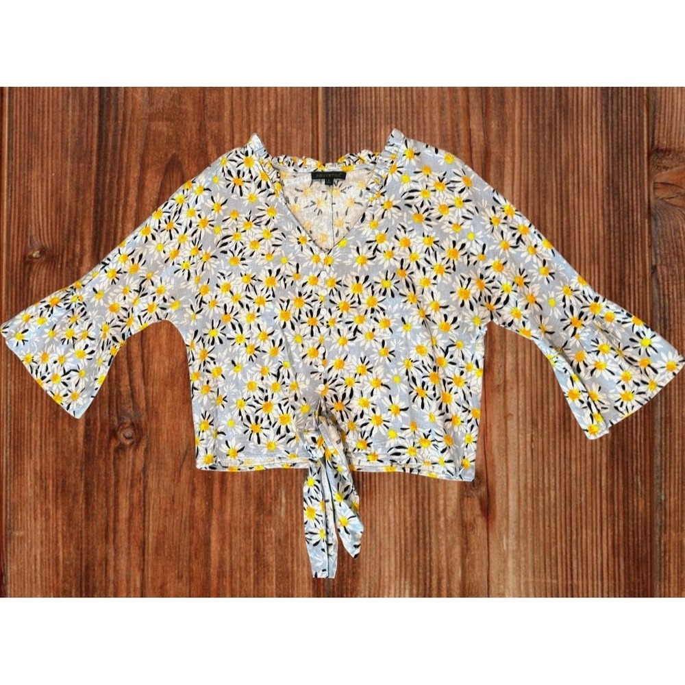 For Cynthia Linen Blend Daisy Crop Top S Tie Front Bell Sleeve Floral